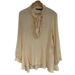 NWT Zara Satin Effect Long Sleeve Ivory Cream Blouse with Neck Tie